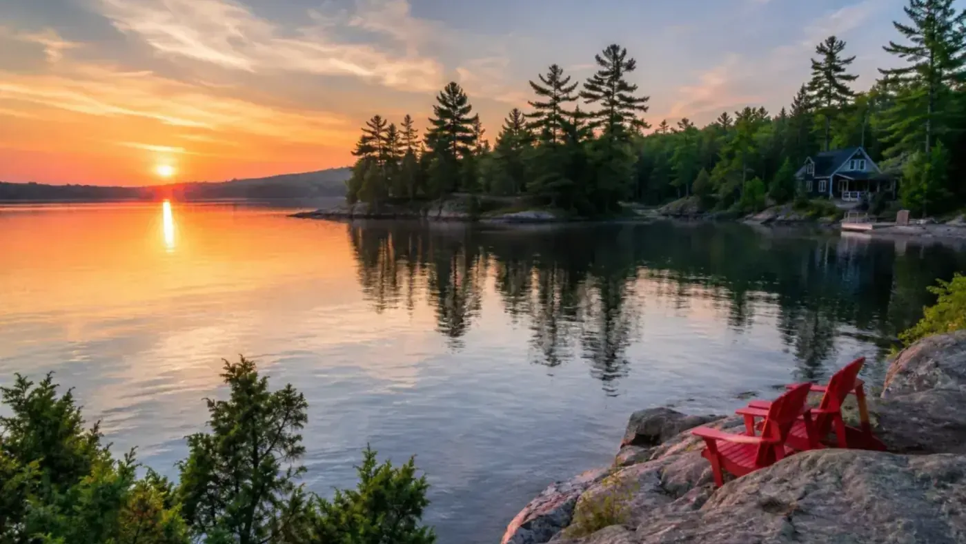 Two red Muskoka chairs on a granite point at sunset, with a cottage among the pines across the water