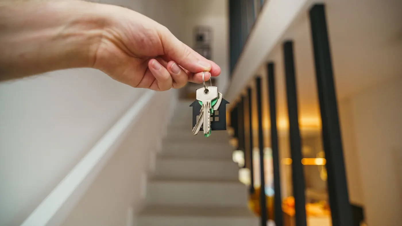 A hand holding house keys inside a bright home, illustrating closing costs for first-time buyers in Barrie