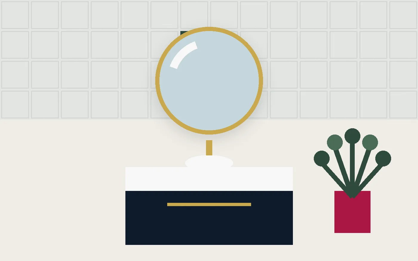 Illustration: a refreshed bathroom vanity, mirror and plant (original illustration)