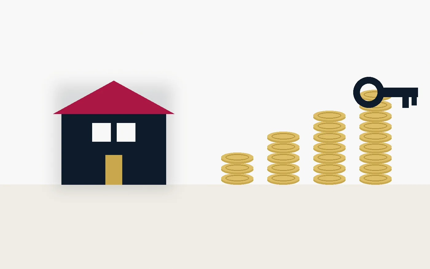 Illustration: a home beside rising stacks of coins and a key (original illustration)