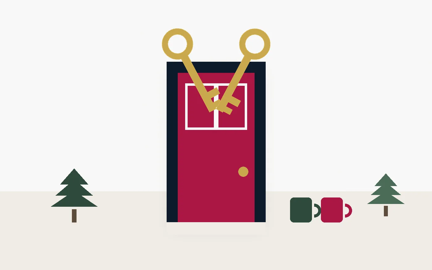 Illustration: two keys above a front door with two mugs (original illustration)