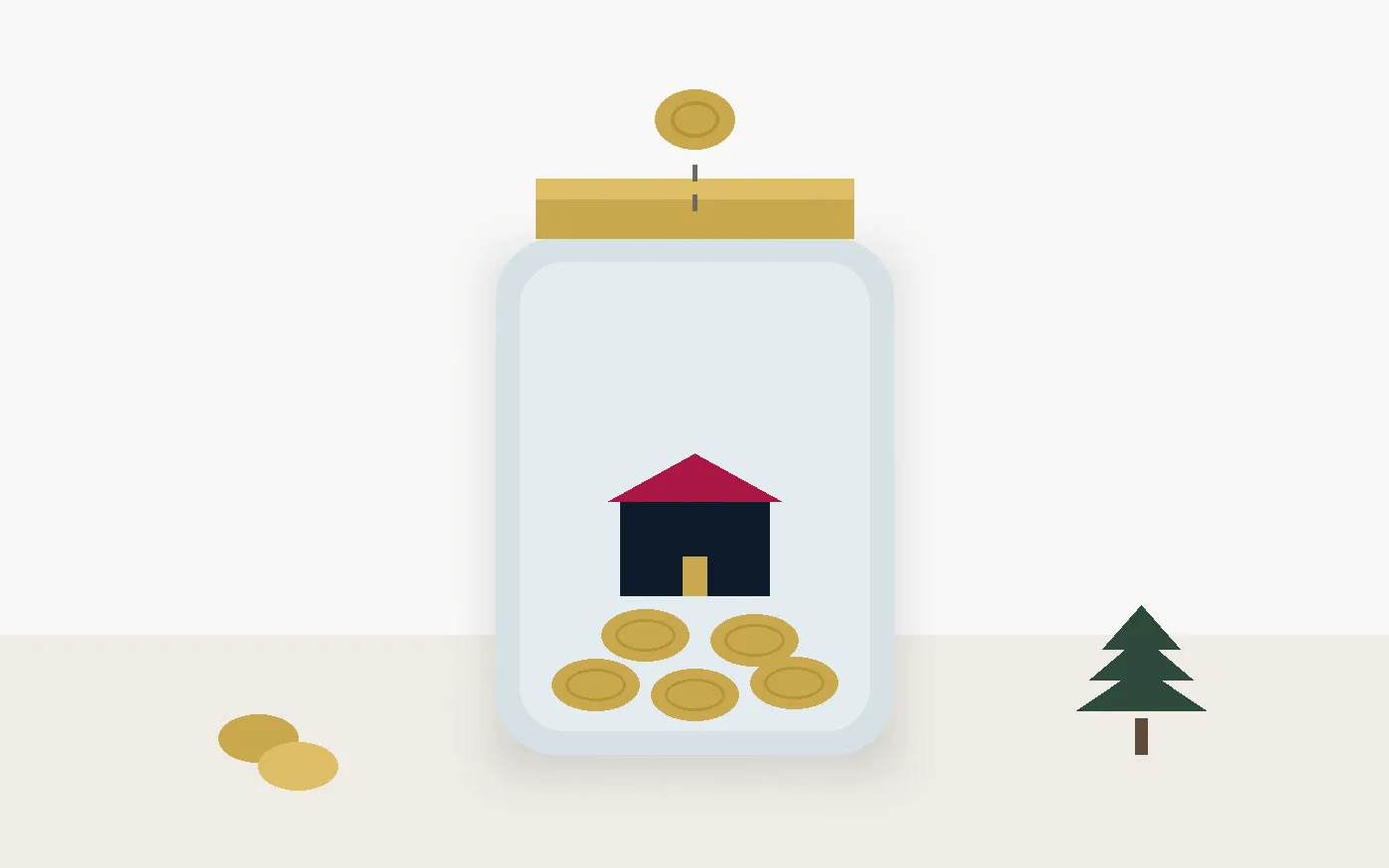 Illustration: a savings jar holding a small home and coins (original illustration)