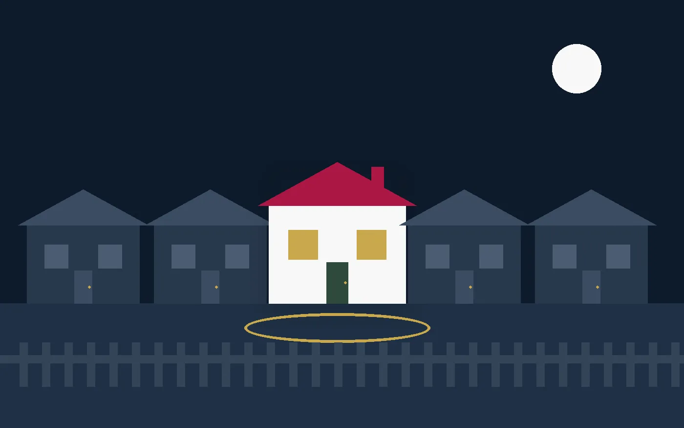 Illustration: a glowing home in a row of neighbouring houses (original illustration)