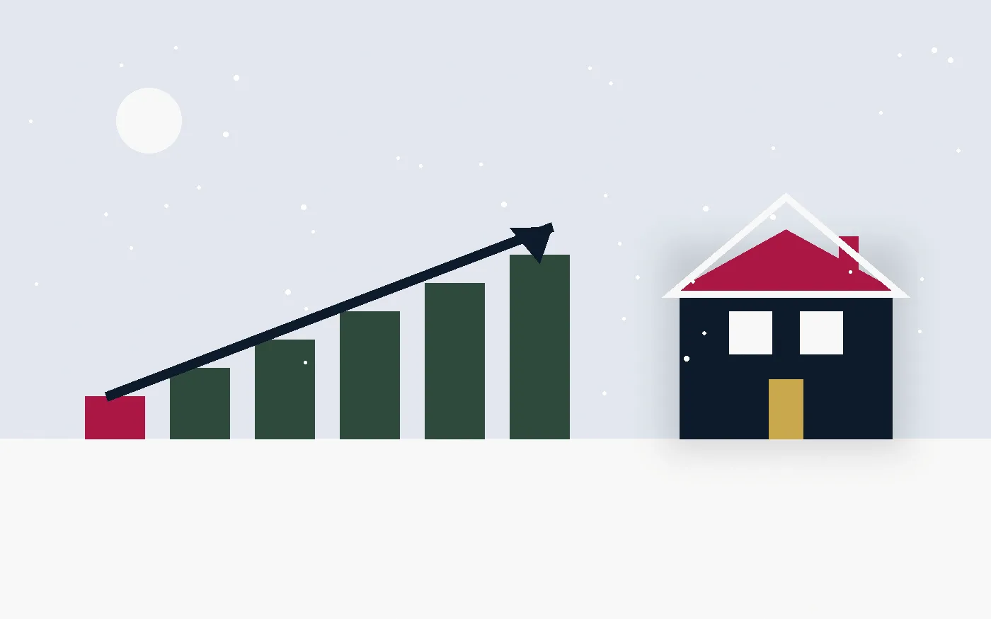 Illustration: a winter home beside a rising chart into the new year (original illustration)