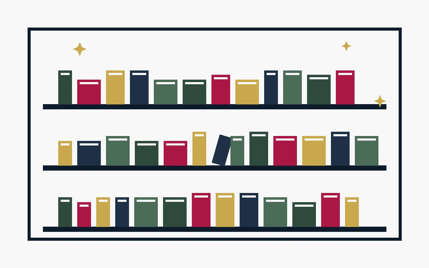Illustration: neatly ordered shelves with one tilted book (original illustration)