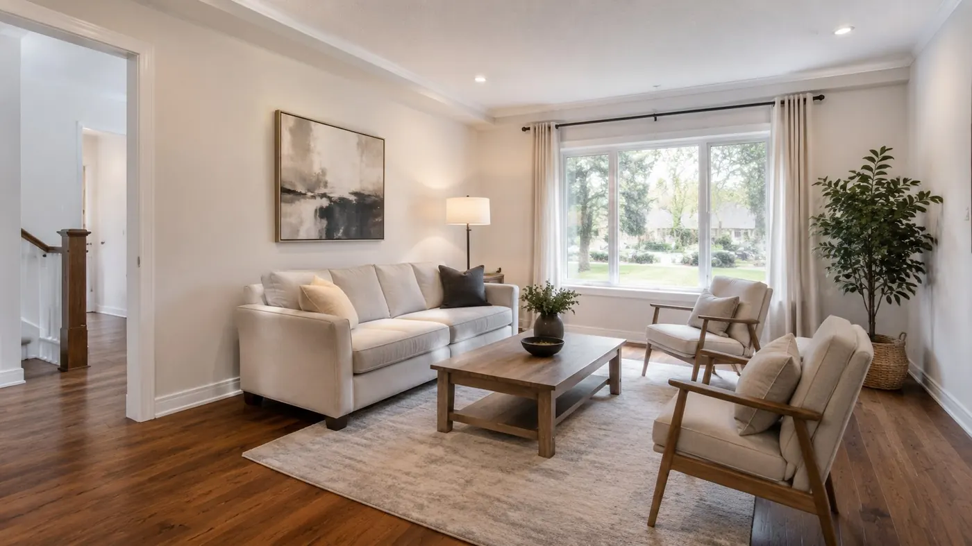 Bright neutral living room staged for listing photography, part of a home selling timeline for Ontario sellers (AI-generated image)
