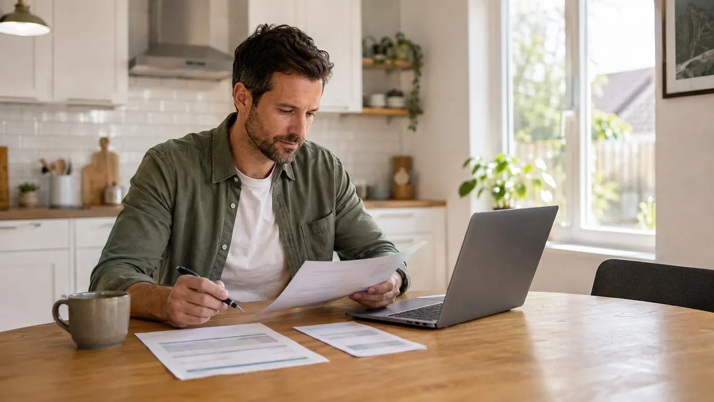 A person reviewing mortgage paperwork with a laptop at a kitchen table, on lowering mortgage payments in Ontario (AI-generated image)