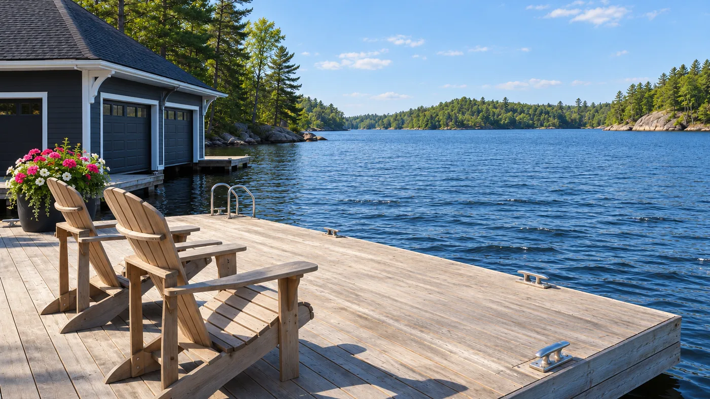 Two wooden Muskoka chairs on a sunny lakeside dock beside a navy boathouse and a planter of pink and white flowers, looking out over blue water and a pine-covered rocky shoreline (AI-generated image)