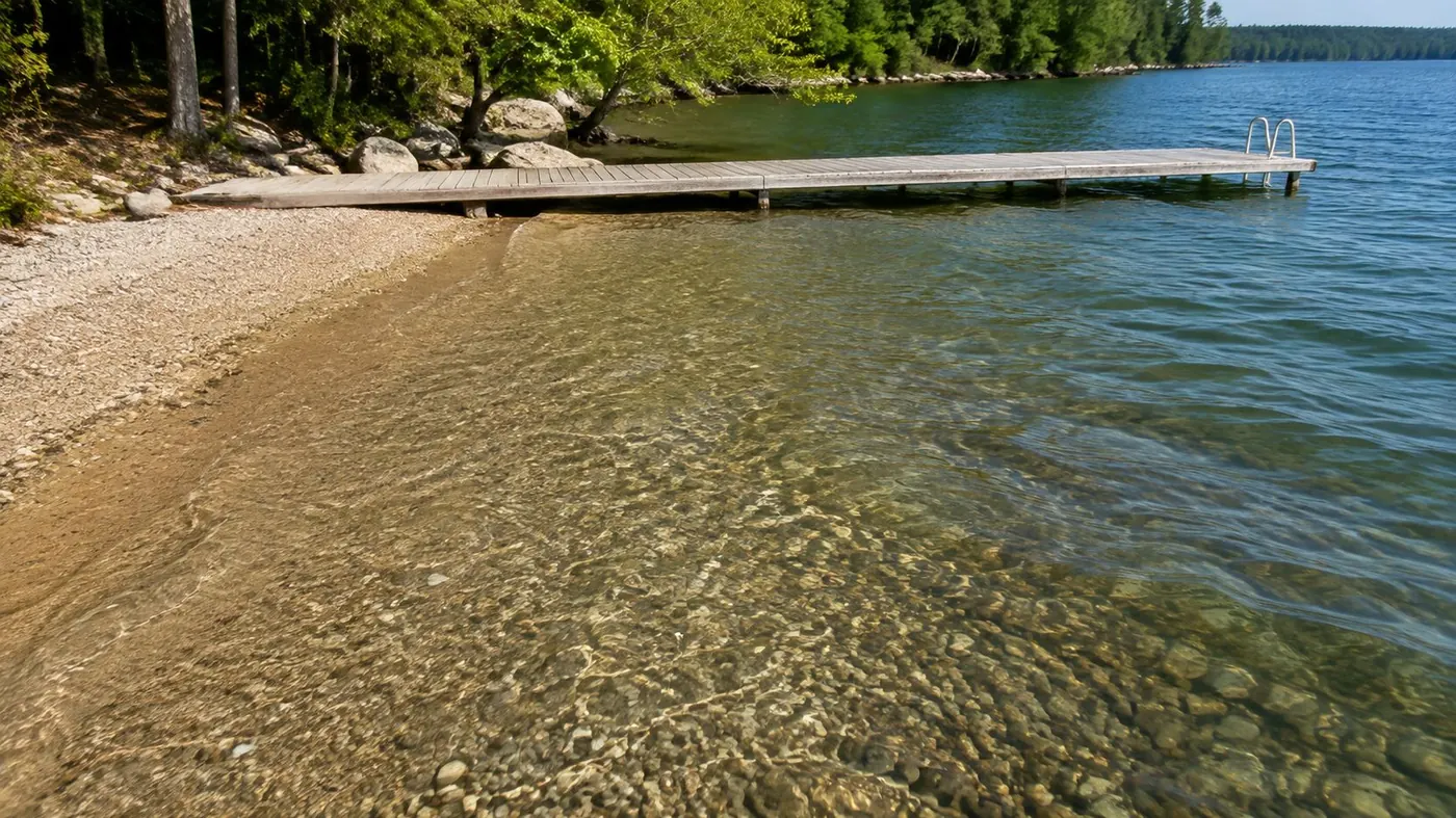 Clear shallow shoreline and a dock on a lake, showing what drives the value of Lake Couchiching waterfront homes (AI-generated image)