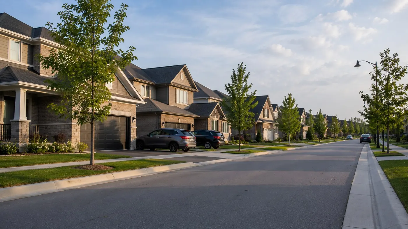 Established residential street with brick homes and mature trees, illustrating market timing as a buyer decision (AI-generated image)
