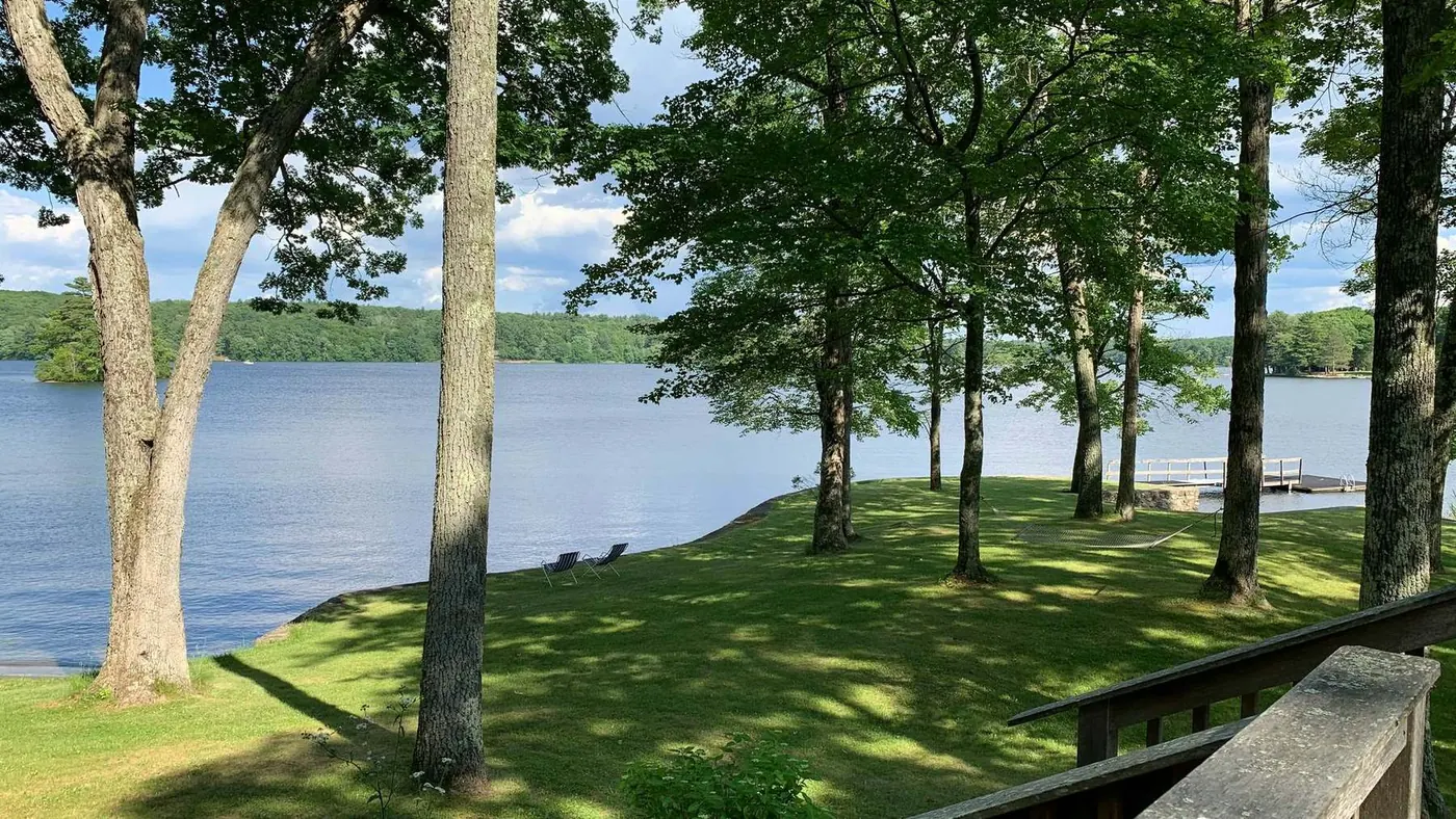 Lake view framed by trees from a deck above the shoreline, illustrating waterfront vs water view in Innisfil