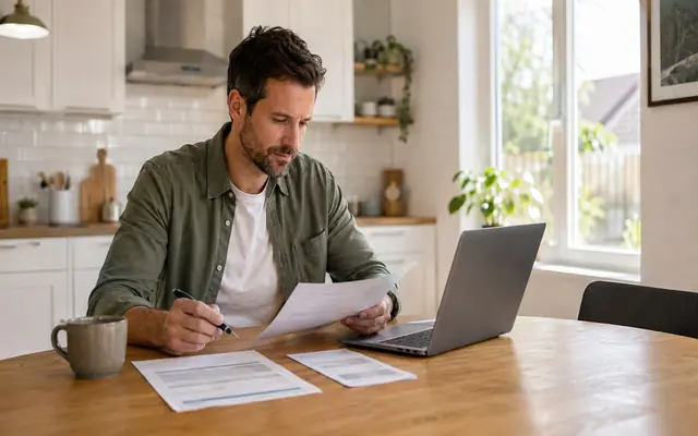 A person reviewing mortgage paperwork with a laptop at a kitchen table, on lowering mortgage payments in Ontario (AI-generated image)
