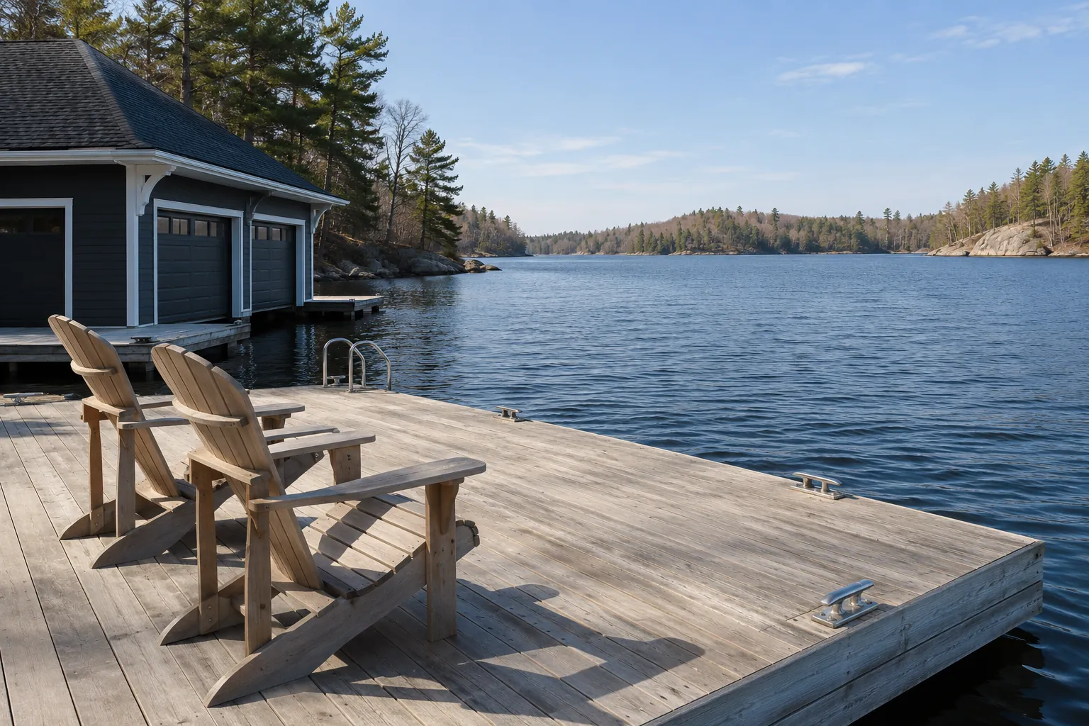 Two wooden chairs on a dock overlooking a calm lake in early spring